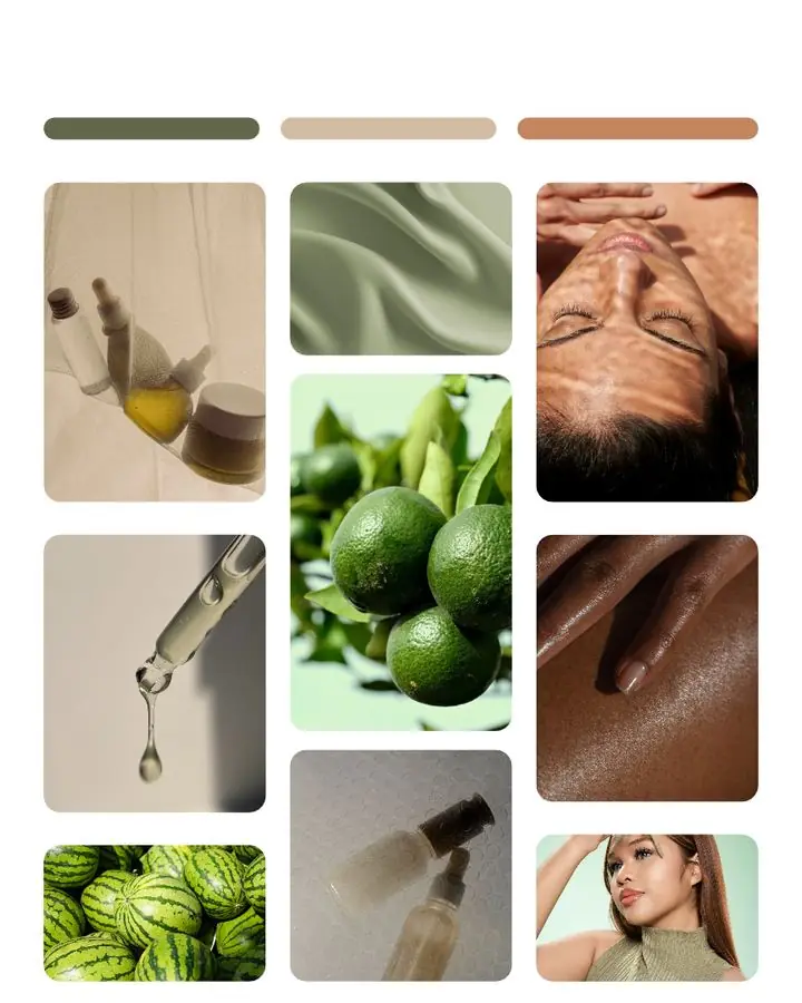 Moodboard soin : flacons de sérum, citrons verts et peaux hâlées